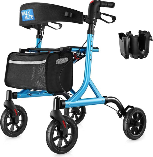 WALK MATE Rollator Walker for Seniors with Cup Holder, Upgraded Thumb Press Button for Height Adjustment, 4 x 8 Wheels Walker with Seat Padded Backrest Folding Lightweight Walking Aid, Blue