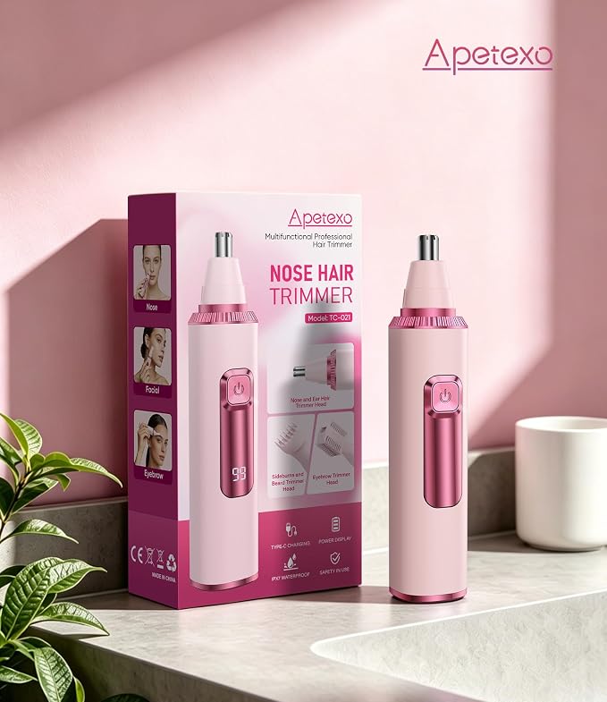 Nose Hair Trimmer for Women, 3-in-1 Painless & Gentle Trimmer for Nose, Eyebrows & Facial Hair, Type-C Rechargeable Precision Groomer with Double-Edged Blades, IPX7 Waterproof - Pink