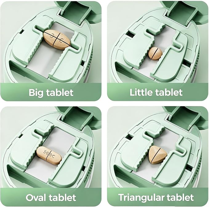 Adjustable Pill Cutter Splitter for Small and Tiny Pills, 1/2 1/4 Pill Splitter for Small Pills Vitamins Tablets, Accurate Alignment & Easy Cutting, Hidden Sharp Blade, Bottom Storage (Green)