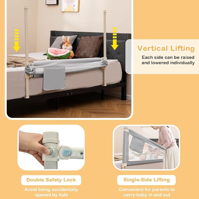 BABY JOY Bed Rail for Toddlers, 47''Long, Height Adjustable & Foldable Baby Bed Rail Guard w/Storage Pocket & Double Safety Child Lock for Kids Twin Double Full Size Queen King Mattress (Grey)