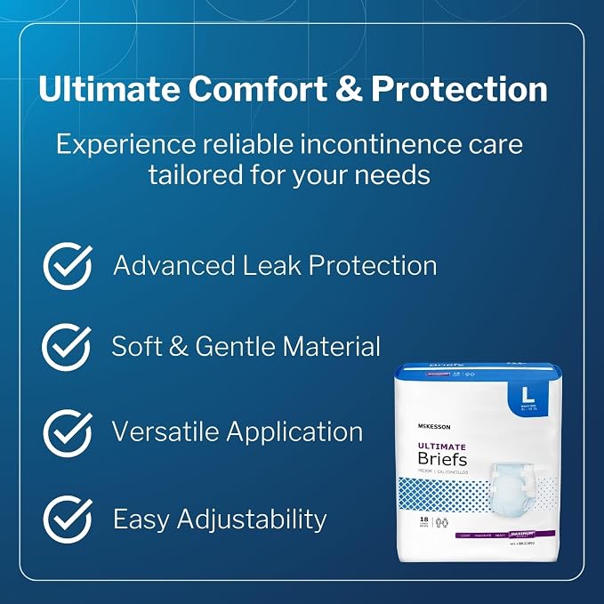 McKesson Ultimate Briefs, [18 Count], Size L, 45-58 in. Incontinence Adult Diapers with Tabs, Maximum Absorbency, Unisex, Disposable, Elastic Leg Gathers and Contoured Fit for Men and Women