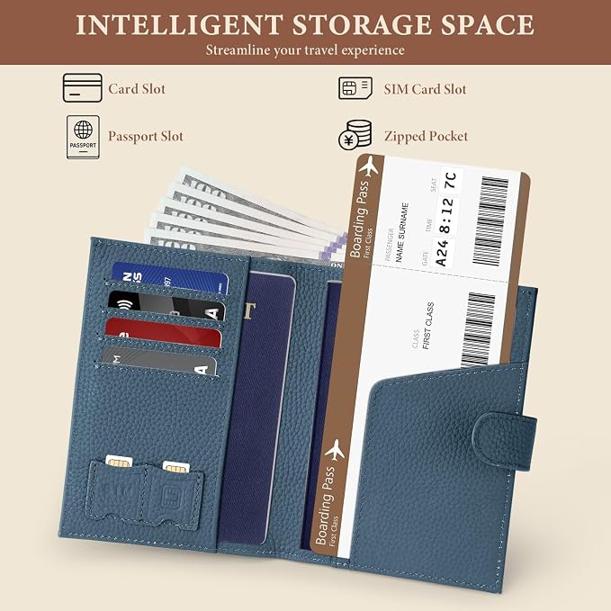 Genuine Leather Passport Holder for Women Men, Hidden Airtag Pocket, RFID Blocking, Zippered Coins Pocket & Cash Compartment Travel Gifts Essentials Passport Cover Case - Navy blue