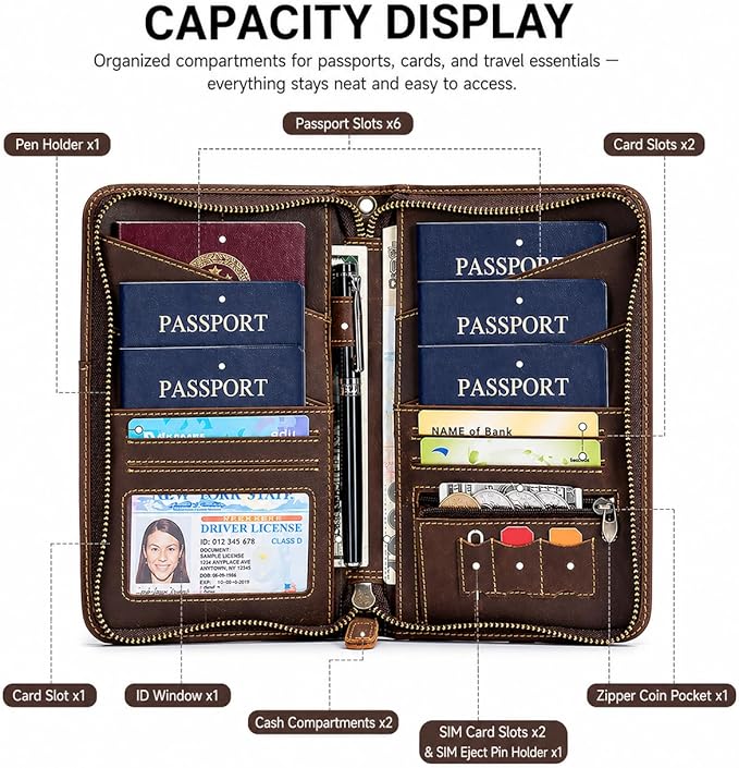 Crazy Horse Leather Passport Holder for Travel Family, Family Passport Holder for 6, Multiple Passport Holder Organizer, Leather Passport Wallet with Card Slots, Zipper Passport Wallet for Men Women