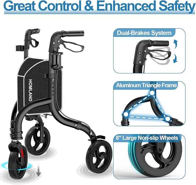 HOMLAND 3 Wheel Walkers for Seniors, Foldable Wheeled Rollator with Cane Hold and Cup Hold, Lightweight Three Wheel Rolling Walker Height Adjustable for Seniors