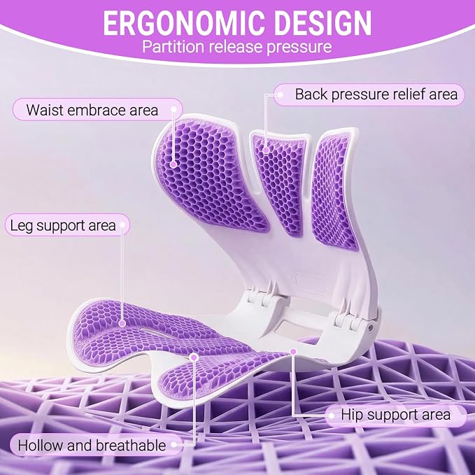 Ergonomic Gel Back Support for Office Chair - Folding Lumbar Support Posture Corrector,Portable Chair Back Rest Support for Floor Seat, Perfect for Home, Work, Vehicle,Purple
