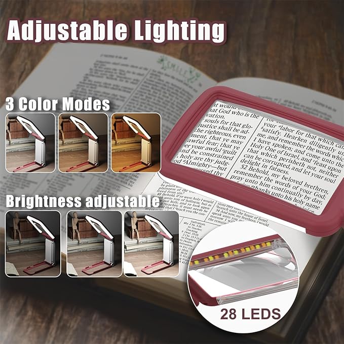 10X Magnifying Glass with Light and Stand, Real Glass Lens, Rechargeable Foldable Handheld Magnifier, 3 Color Modes Dimmable Lighted Page Magnifier for Reading Fine Prints, Seniors - Red White