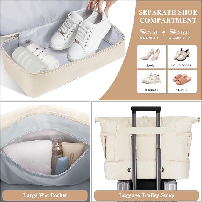 Gym Bag for Women, 45L Carry On Travel Duffel Bag with Shoes Compartment, Weekender Overnight Bag with Wet Pocket for Women, Travel, Gym, Weekend, Large Size
