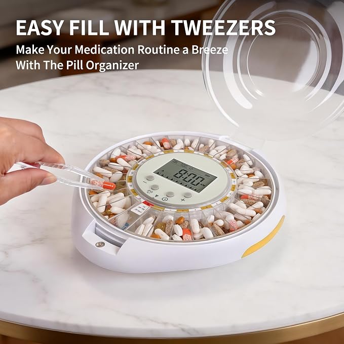 28-Day Bluetooth Automatic Pill Dispenser with App Alert for Caregivers | Adherence History Tracking for Seniors, Top Lock & Ergonomic Curved Lid, 9 Custom Alarms & Clear LCD, Sound-Light Reminders