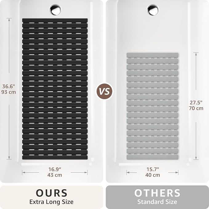 OTHWAY Non Slip Bathtub Mat, Soft TPE Black Shower Mat with Suction Cups | 36.6" x 16.9" Bath Mat for Tub Non Slip, Machine Washable Shower Floor Mat with Drain Holes