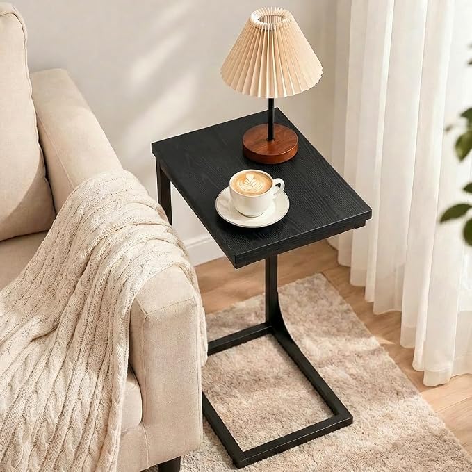 TEMI C Shaped End Table for Couch with Charging Station, Small Side Table TV Tray for Eating or Laptop, Accent Desk for Sofa or Chair, Space Saving Living Room Bedroom, Black