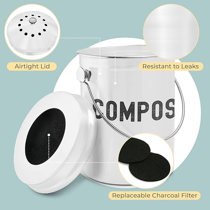 Epica Kitchen Compost Bin for Kicthen Countertops, 1.3 Galllon - White