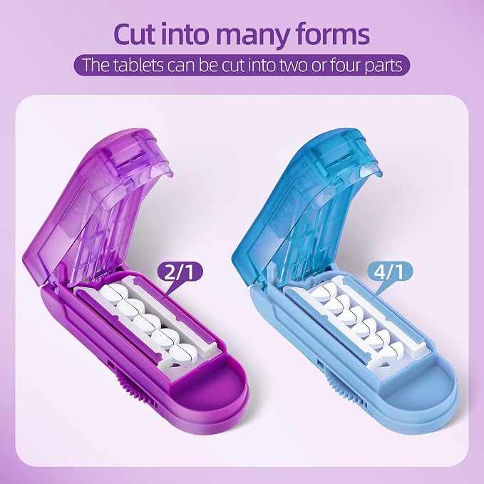 DUBSTAR 2PCS Pill Cutter Splitter for Small and Tiny Pills, Multiple Pill Cutters for Small or Large Pills, Adjustable Pill Splitter with Centering Device and Blade Guard (Purple+Blue)