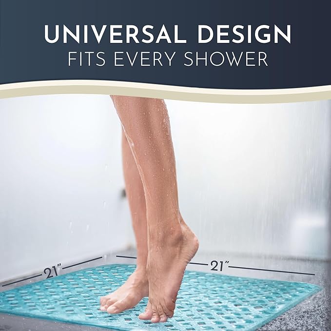 homerella® Shower Mat Non Slip Anti Mold, Non Slip Shower Mats for Inside Shower Stall Anti Slip Mat, Square Shower Floor Mat 21 x 21 in with Suction Cups & Hooks for Quick Drying, Machine Washable