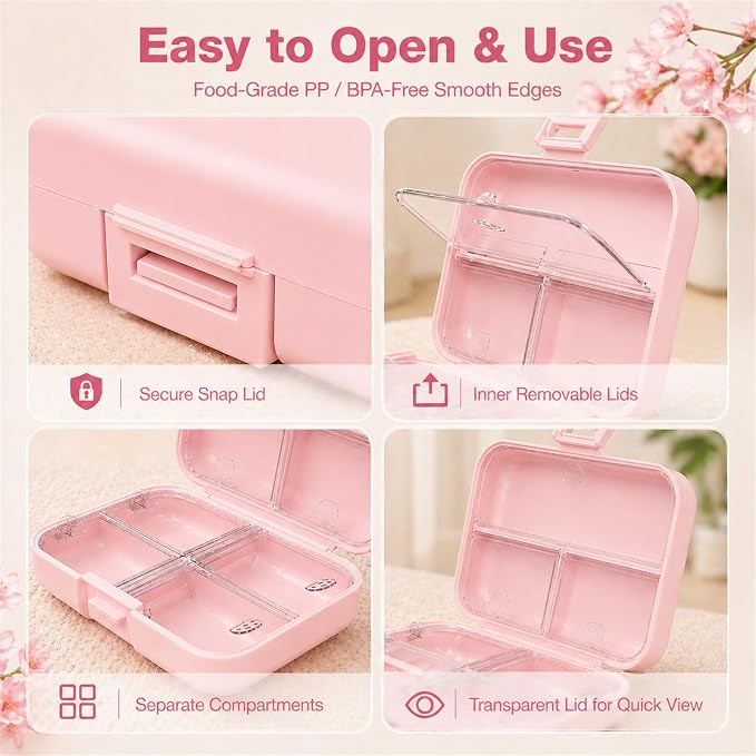 Travel Pill Box, Double Layer 7-Compartments Large Pill Organizer, 4.3" x 3.1" x 1.4" Portable Weekly Pill Case Container for Pocket, 7 Day Compact Medicine Holder for Vitamins, Fish Oils Pink