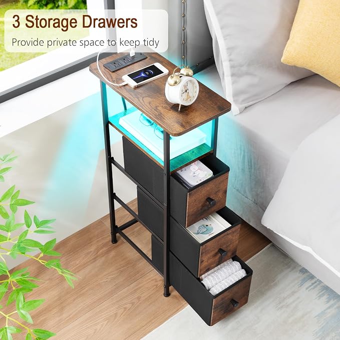 Narrow End Table with Charging Station, Small Nightstand | Skinny Side Tables Living Room with 3 Fabric Drawers, Bedside Table with LED Lights for Bedroom, Small Spaces, Rustic Brown