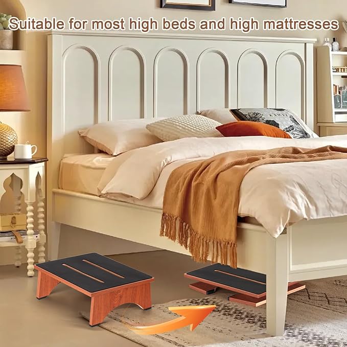 Step Stool Foldable, Wooden Step Stool with Non-Slip Rubber Stepping Platform, Folding Step Stools for Adults Seniors in Bedroom, Kitchen Bathroom, RV, Bed Steps for High Beds, No Assemble (Brown)