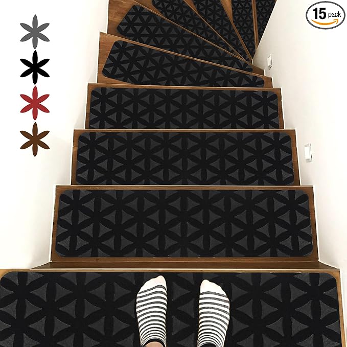 RIOLAND Non-Slip Carpet Stair Treads for Wooden Steps Indoor, 8" X 30", 15 Pack Peel and Stick Stair Treads Runners for Kids Elders and Pets, Black