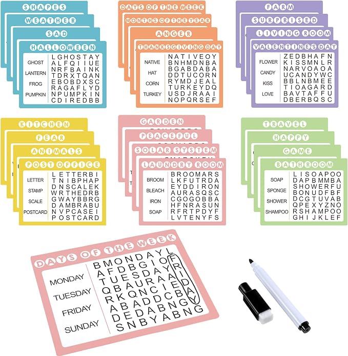 Yeaqee 12 Pcs Word Search Books for Dementia Game Reusable Alzheimers Word Search Cards Dementia Activities Large Print Products for Grandpa Elderly Seniors Patients Crossword(Pastel Color)