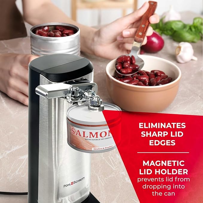 POHL SCHMITT Electric Can Opener, Knife Sharpener & Bottle Opener | Easy Push Down Lever, Works with Standard And Pop-Top Cans, Durable Stainless Steel & ABS, Kitchen Essentials and Accessories
