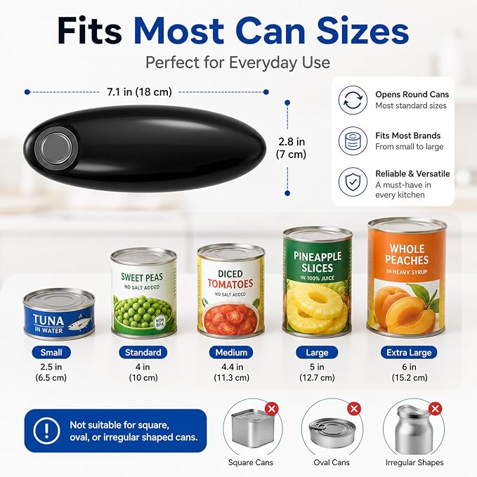 Electric Can Opener for Seniors, One-Touch Battery Operated, Smooth Edges | Fits most round cans with hands-free operation. Easy for seniors and people with arthritis or limited hand strength.