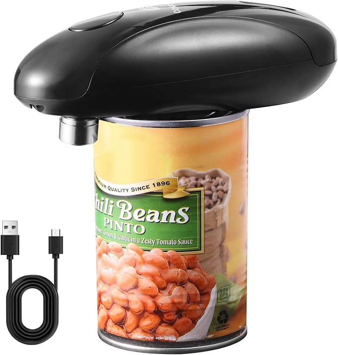Can Opener Electric, USB-C Rechargeable One-Touch for Seniors (Black) | Smooth Edge Cutting, Angled Blade, Food-Safe, Hands Free, Magnetic Lid Catch, ABS Body, Portable for Camping