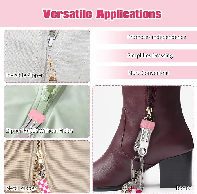2 Pack Zipper Helper Pull for Dresses - One-Handed Zipper Puller with 3 Hooks for Dresses, Shoes and Boots, Skirts & Bags Zipper Puller Helper Aid for Women, Traveler, Seniors & Long Nails (Pink)