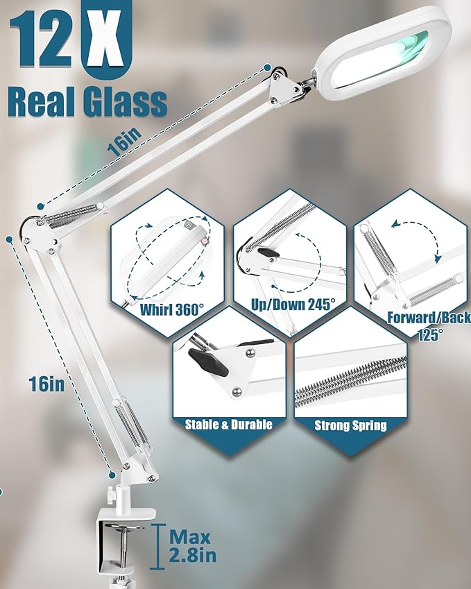 12X Rectangle Magnifying Glass with Light and stand, 2*16 Inch Swivel Arm LED Lighted Clamp Desk Lamp, 5 Color Modes Stepless Dimmable, Large Magnifier with Light for Reading Painting Close Work White
