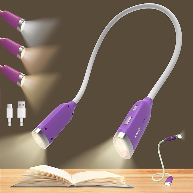 Neck Reading Light, 3 Color & Brightness Adjustable Book Light for Reading in Bed, Hands-Free, Lightweight, USB C Rechargeable, Eye-Caring, Perfect for Crafts, Camping, Kids & Adults (purple)