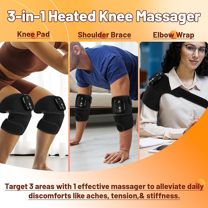 Cordless Knee Heating Pad, 3 in 1 Elbow & Shoulder for Arthritis Pain Relief, Rechargeable Heated Knee Brace with 3 Heat Levels and 3 Massages, Electric Supports Wraps for Joint, Gifts for Men Women