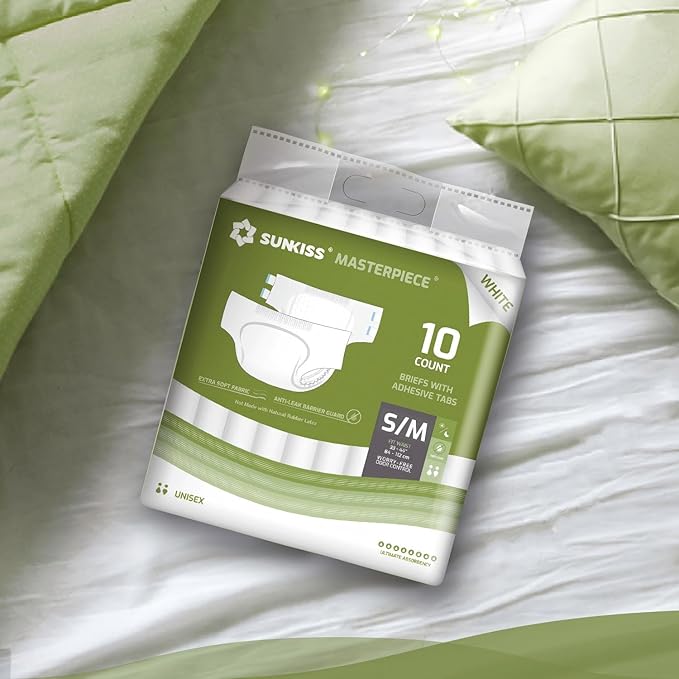 SUNKISS Masterpiece Adult Diapers with Tabs, Unisex Disposable Incontinence Briefs for Women and Men, Odor Control, White, Small/Medium, Previously Medium, 10 Count