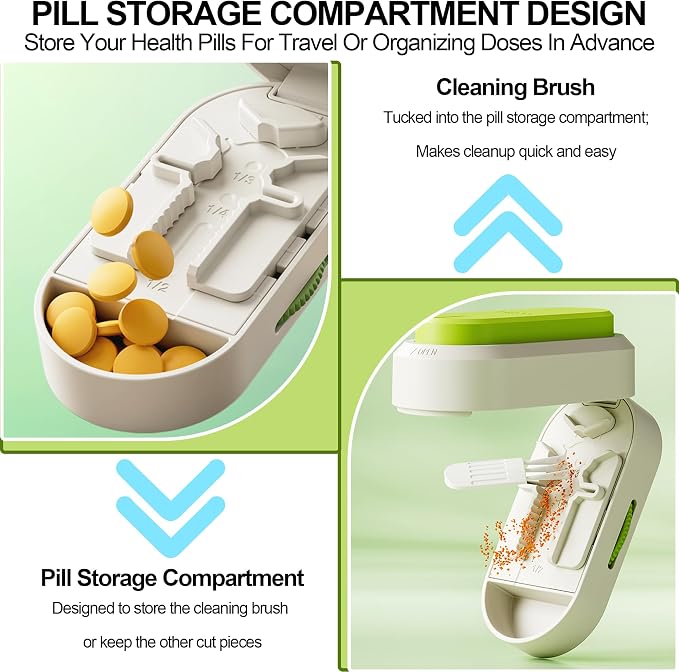 Pill Cutter Splitter for Small and Tiny Pills, Vertical Push Down Cut Pill Cutter 1/4 1/3 1/2, Accurate Pill Cutter for Small or Large Pills with Storage Cleaning Brush Pill Crushers for Elderly Pets
