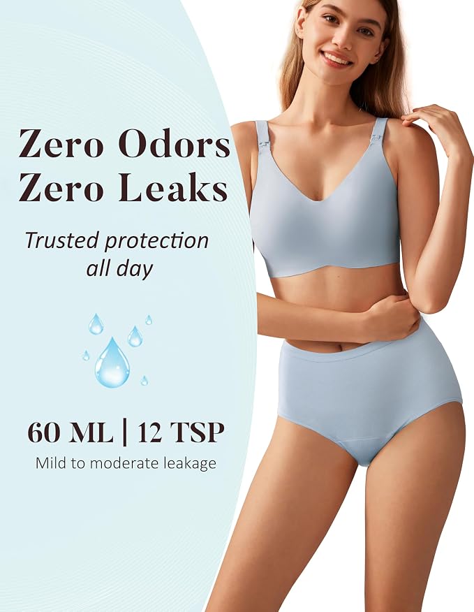AIRCUTE Washable Urinary Incontinence Protective Underwear for Women Leak Proof Absorbent Reusable Panties 60ML 1 Pack (Baby Blue, Medium)