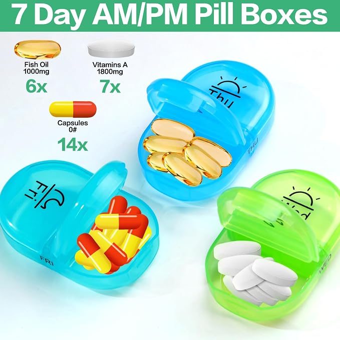 Serfeymi Weekly Travel Pill Organizer 2 Times A Day AM PM Upgraded Rainbow Pill Box 7 Day with Portable Zipper PU Leather Pill Case, Medicine Organizer for Pills, Vitamins, Fish Oils - Blue 01