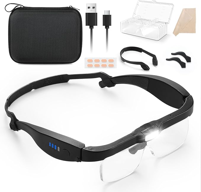 MoKo Magnifying Glasses with Light, 1X-4X Magnifier Headset | Hands-free headband magnifier includes 5 detachable lenses, adjustable LEDs and USB-C charging.