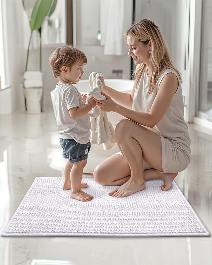 Color&Geometry Chenille Pile Bathroom Rugs Upgraded Denser, 17"x29.5" Non Slip Absorbent White Bath Mats for Bathroom Thin Fit Under Door, Washable Quick Dry, Standard Sized