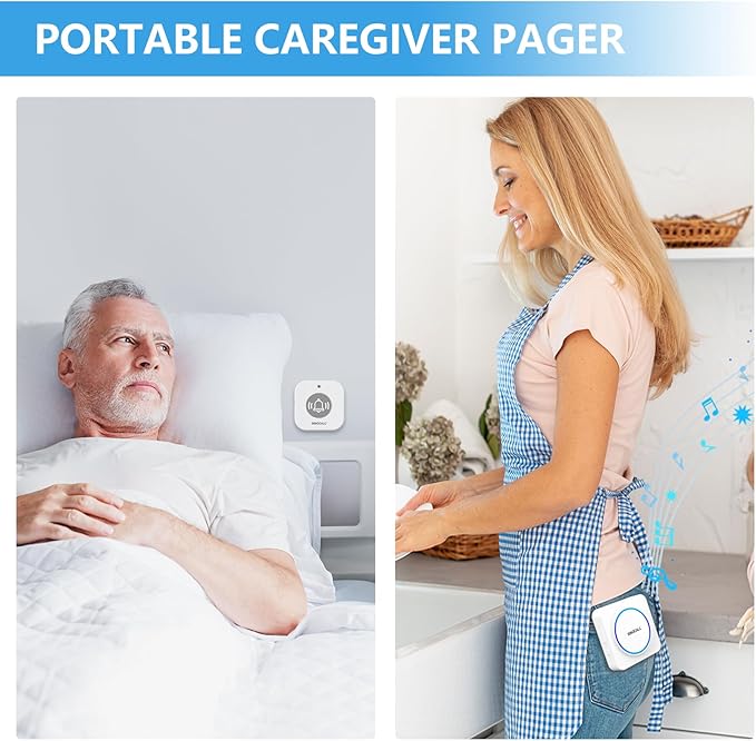 SINGCALL Wireless Caregiver Pager Panic Alarm System Personal Alarm for Elderly/Kids/Pregnant/Patients/Care Home/Hospital 32 Chimes&0-100dB Volume 1 Rechargeable Portable Receiver+ 1 Panic Call Button