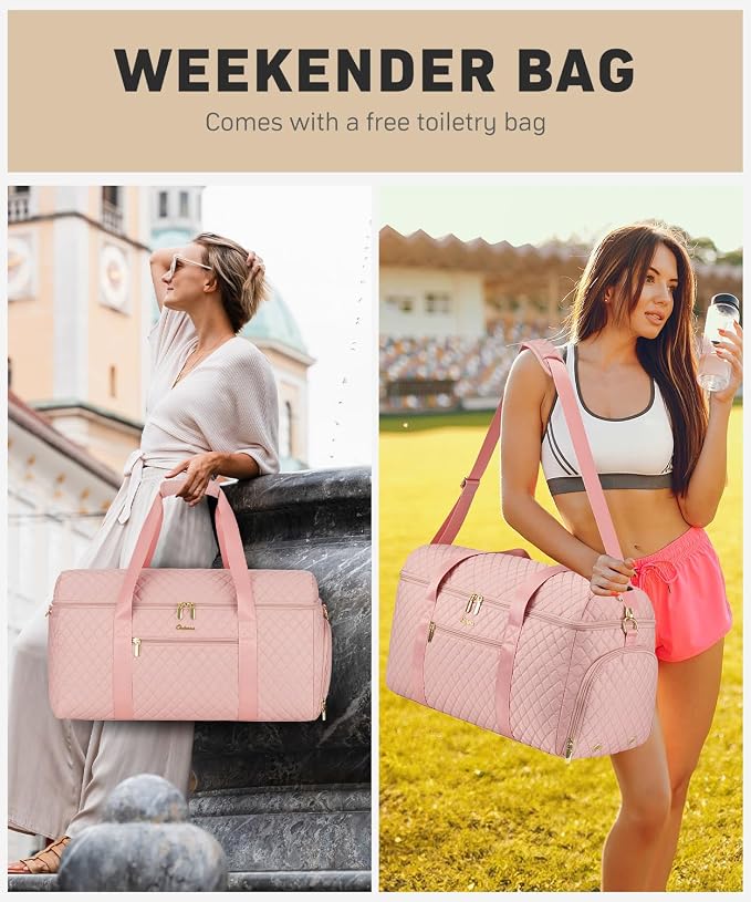 Weekender Bags for Women, Wide Open Large Travel Duffle Bag with Shoe Compartment, Overnight Hospital Bag For Women Labor Delivery, Carry on Bag Personal Item Travel Bag with Wet Pocket (Pink)