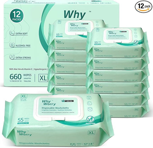 WhyWorry Wet Wipes for Adults, 8"x12" Extra Large Body Cleansing Wipes for Elderly & Incontinence, Extra Thick Adult Washcloths Disposable with Aloe & Vitamin E, Unscented, 660 Count (12 Packs of 55)