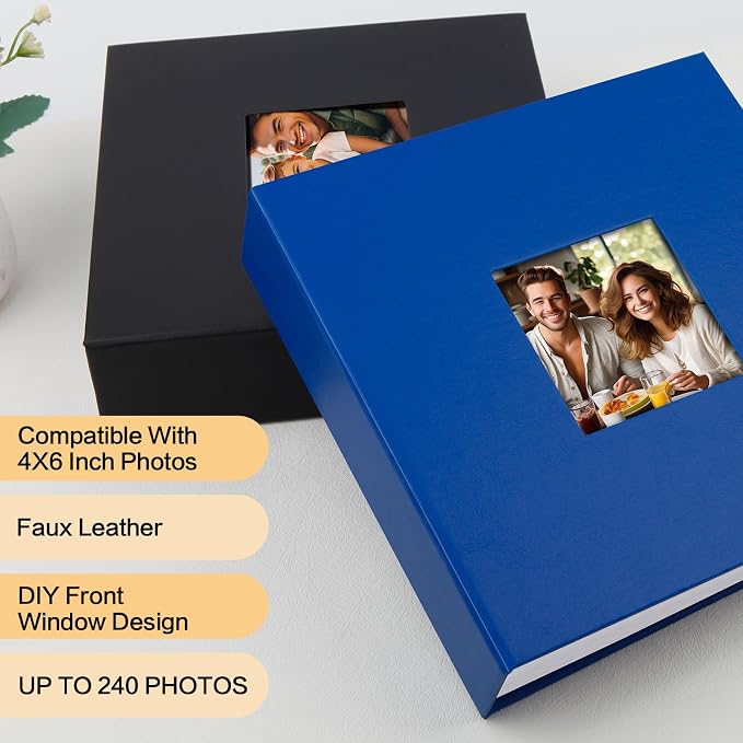 4x6 Photo Album Holds 240 Photos with Writing Space, Leather Cover Picture Book with Front Window for Family Wedding Baby Travel & Graduation Memories, Blue