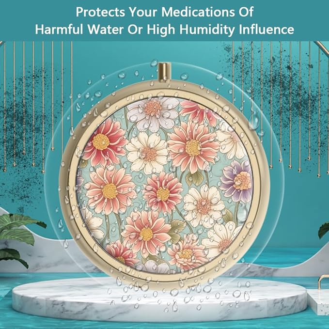 Pill Case Pill Box with Mirror Retro 3 Compartment Small Pill Organizer for Purse or Pocket Bronze Small Roud Pill Box or Vitamins, Fish Oil, Supplements, Pill Containe Travel Gifts（Retro Floral）