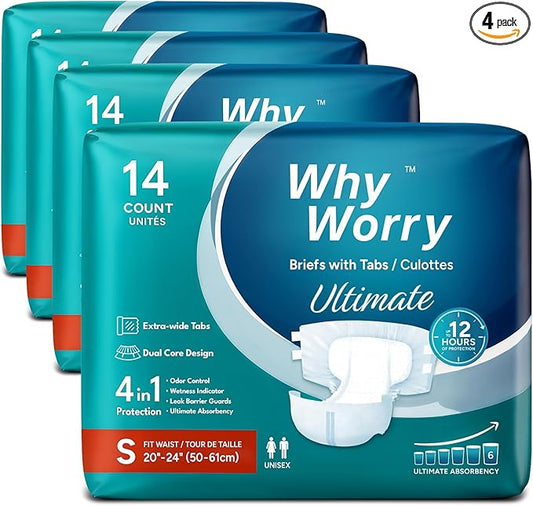 WhyWorry Ultimate Adult Diapers for Men and Women, Disposable Adult Briefs for Incontinence, Incontinence Briefs with Tabs, Ultimate Absorbency, Odor Control, Small, 56 Count (4 Packs of 14)