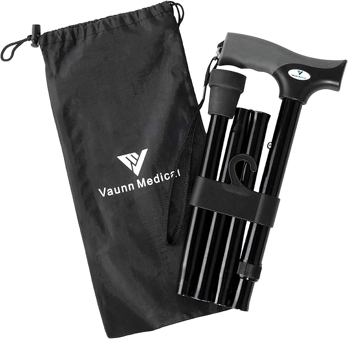 FSA/HSA Eligible, Vaunn Medical Easy Grip Height Adjustable Folding Cane/Walking Stick with Strap/Pouch- Compact, Portable, and Safe Walking Assistant- Non-Slip Grip Handle- Men, Women, Elderly