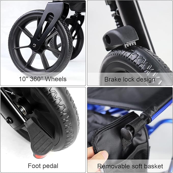 WALK MATE Rollator Walker for Seniors Taller 5.3~7ft with Height-Adjustable Seat, 10 Inch Wheels Wire-Hidden Walkers Compact Folding Design Lightweight Mobility Walking Aid Widen Backrest, Blue