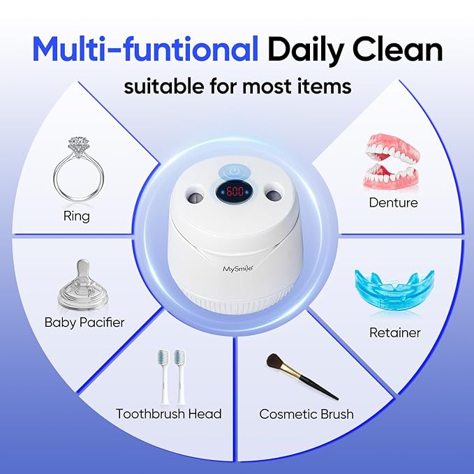 MySmile Dental Ultrasonic Retainer Cleaner Machine- 45kHz UV Denture Cleaner with 200ML Capacity for Aligner, Braces, Mouth Guard, Night Guard, Portable Dental Cleaning Pod with Digital Timer (White)