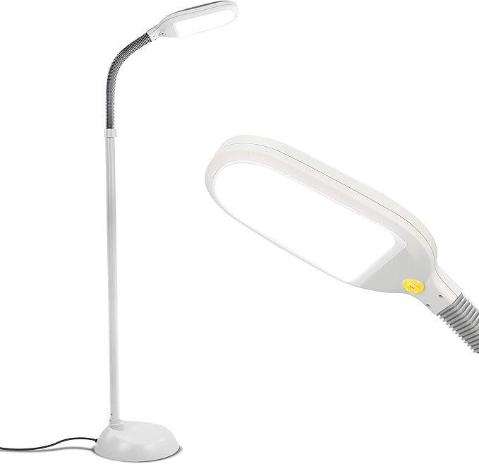 Brightech Litespan - Bright LED Floor Reading Lamp for Over Chair Crafts and Reading, Estheticians' Light for Lash Extensions, Adjustable Standing Lamp for Living Room, Bedroom, Office - White
