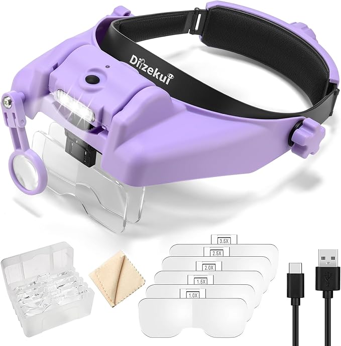 Dilzekui Magnifying Glass with Light 1X-14X, Rechargeable Headset Magnifier | 2 Lens Slots,Detachable Acrylic Magnifying Glasses Lens, Adjustable 2 Lightness, Head Magnifier for Close Work Jewelry Crafts