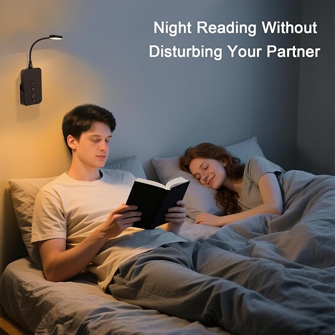 Ellasay Wall Mounted Reading Light: Dimmable LED Book Lights with Timer & Memory - Adjustable Gooseneck USB Powered - Easy Install for Kids Bedroom/Dorm Room/RV 1 Pack (Black)