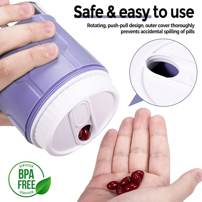 Betife Extra Large Supplement Organizer,Weekly Pill Organizer Bottle, Daily Pill Dispenser with 7 Large Compartments, Organizer to Hold 7 Day Vitamin Medication,21 labels and a cleaning brush (Purple)