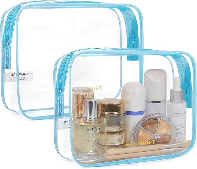 BAGSMART Clear Toiletry Bag, 2 Pack TSA Approved Travel Toiletry bag Carry on Travel Accessories Bag Airport Airline Quart Size Bags Water Repellent Makeup Cosmetic Bag for Women (Blue-2Pcs) | Carry on Travel Accessories Bag, Airport Airline Quart Size...