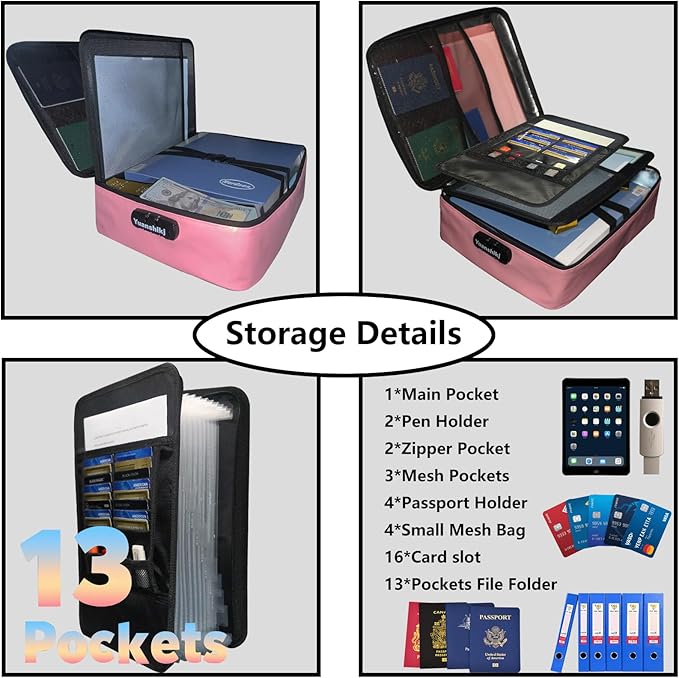 Yuanshikj Portable Fireproof Waterproof Document Organizer with Lock,Pink | 3 digit Code,15.1"x11.2"x4.3",Heat Insulated Fire＆Water-Resistant Box 13 Layers File, Home Travel Safe Storage for Important